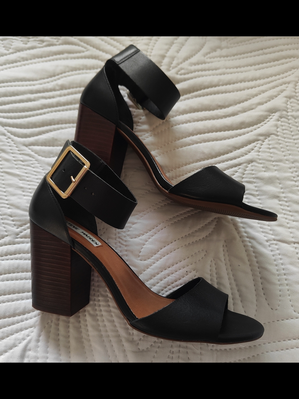Steve Madden Black Block Heel Sandals with Gold Buckle